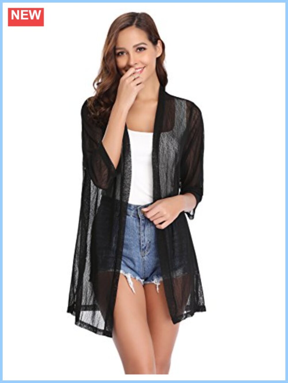 Sheer Open Front Cardigan 3/4 Sleeve Loose Knit Kimono Sweater